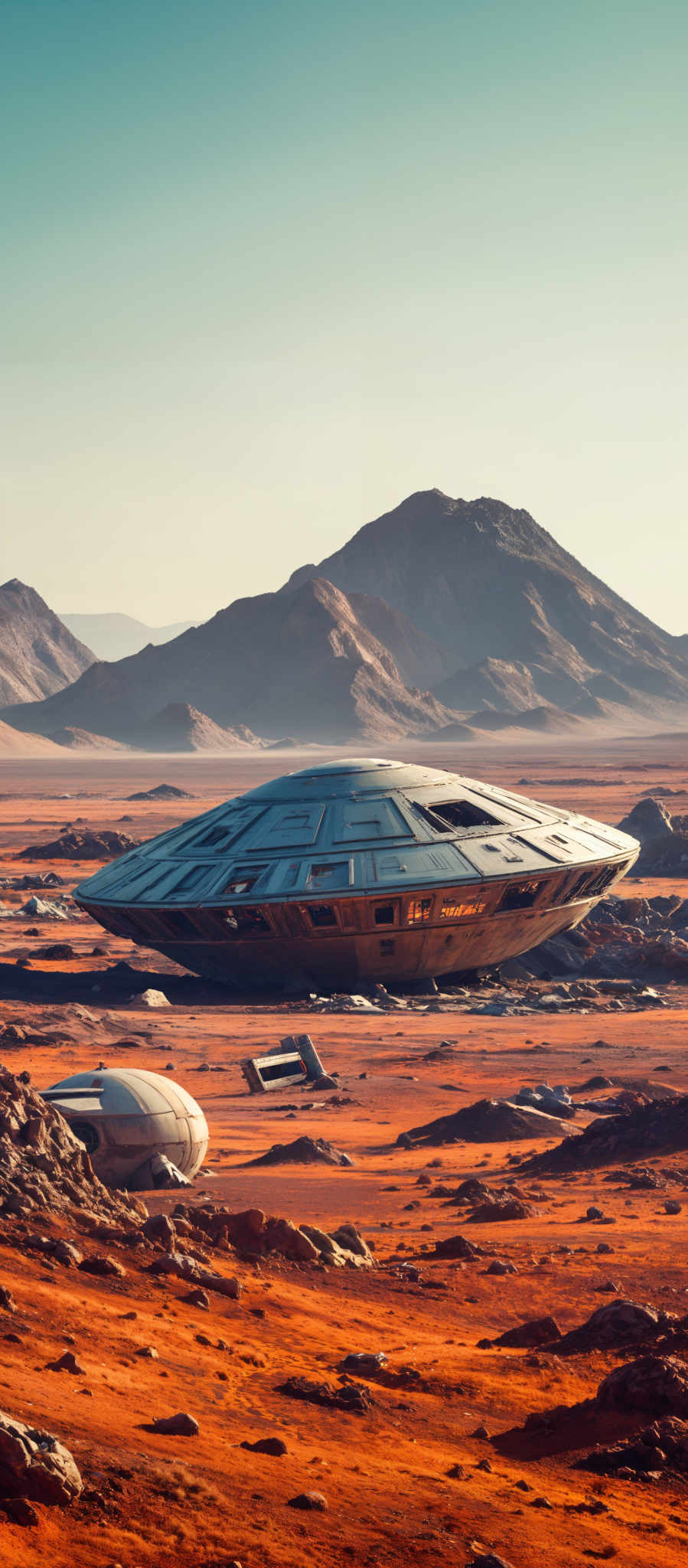 An alien spaceship is seen in a desert landscape.