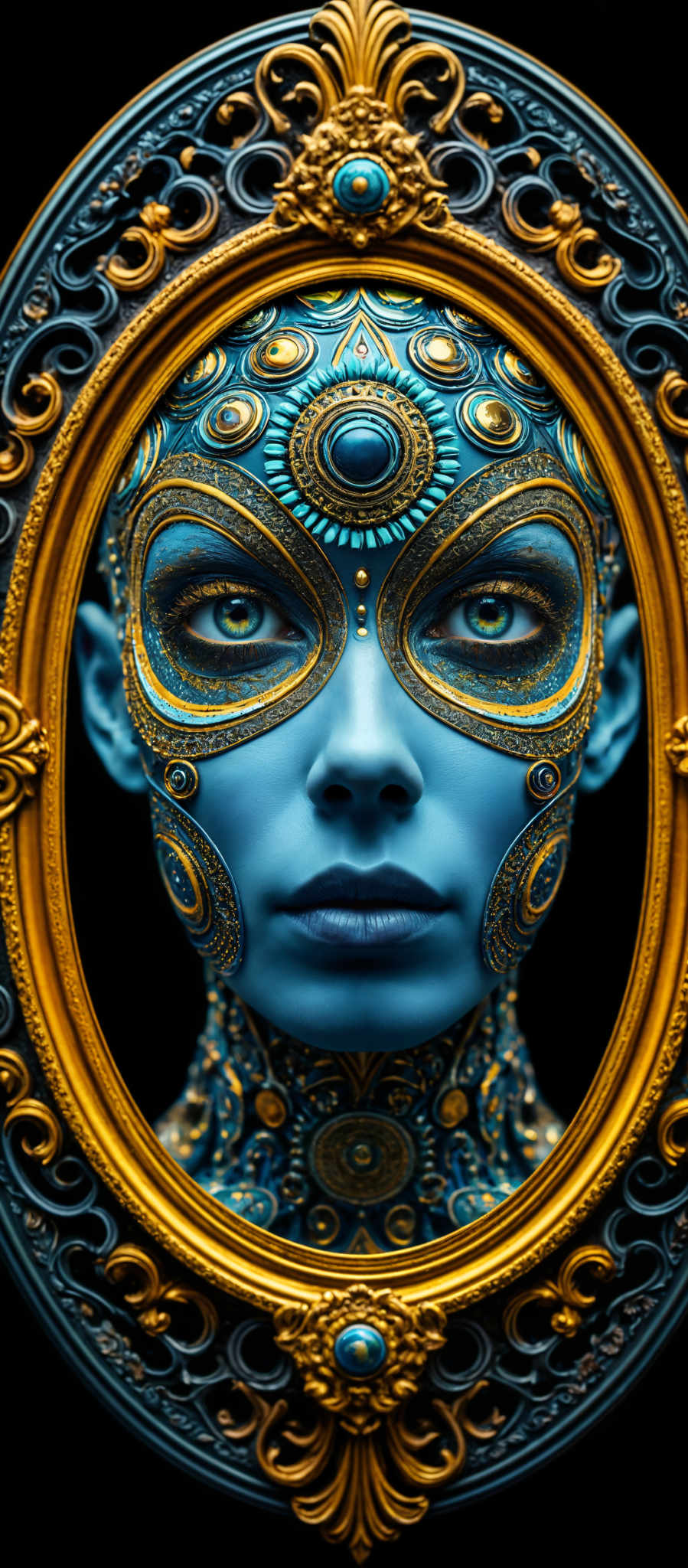 A blue face with gold accents and a gold frame.