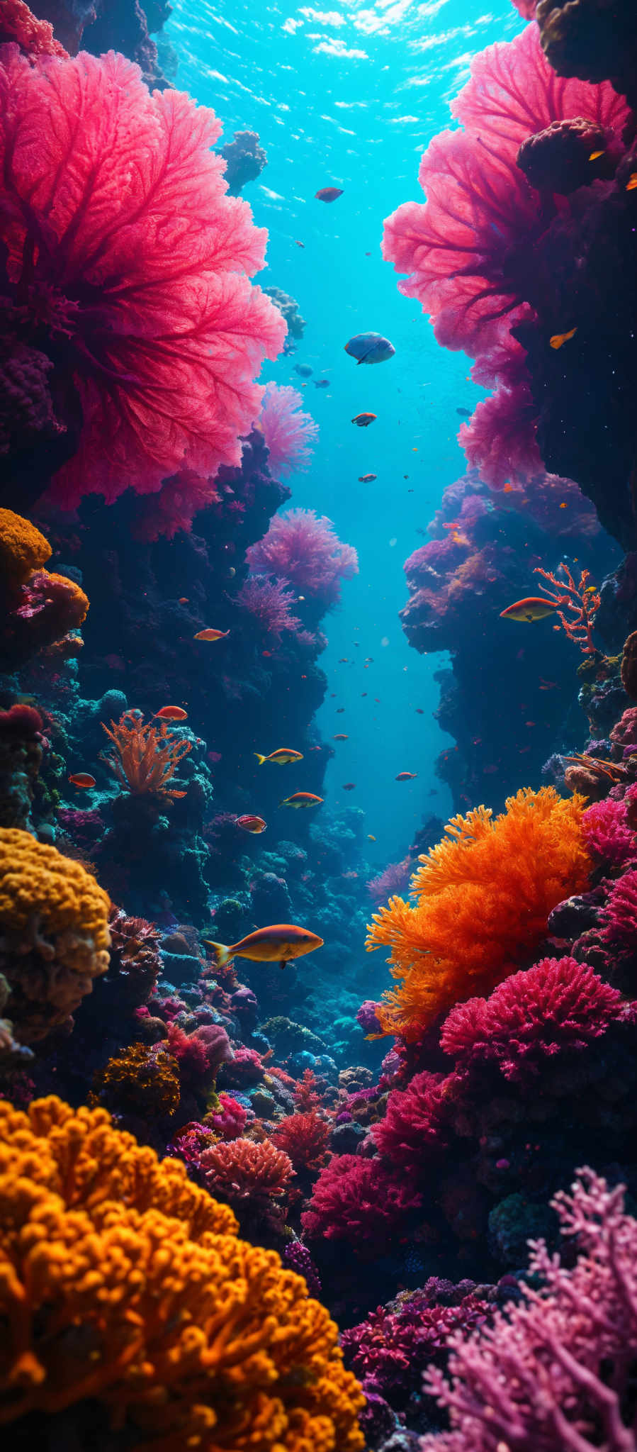 A vibrant underwater scene is captured in this image. At the heart of the scene is a deep blue ocean teeming with life. A multitude of colorful fish each unique in their own way are swimming around. Their colors range from bright orange to soft pink and even a few that are a mix of both.

The ocean floor is a spectacle in itself. It's covered in coral which is a mix between yellow and pink. The coral is not just a simple flat surface but rather it's adorned with small fish that are swimming on it adding to the dynamic nature of the underwater scene.

The image is taken from a high angle providing a bird's eye view of the ocean floor. This perspective allows for a comprehensive view of this underwater world capturing the full extent of the coral and the fish that call it home. The image is a testament to the beauty and diversity of marine life.