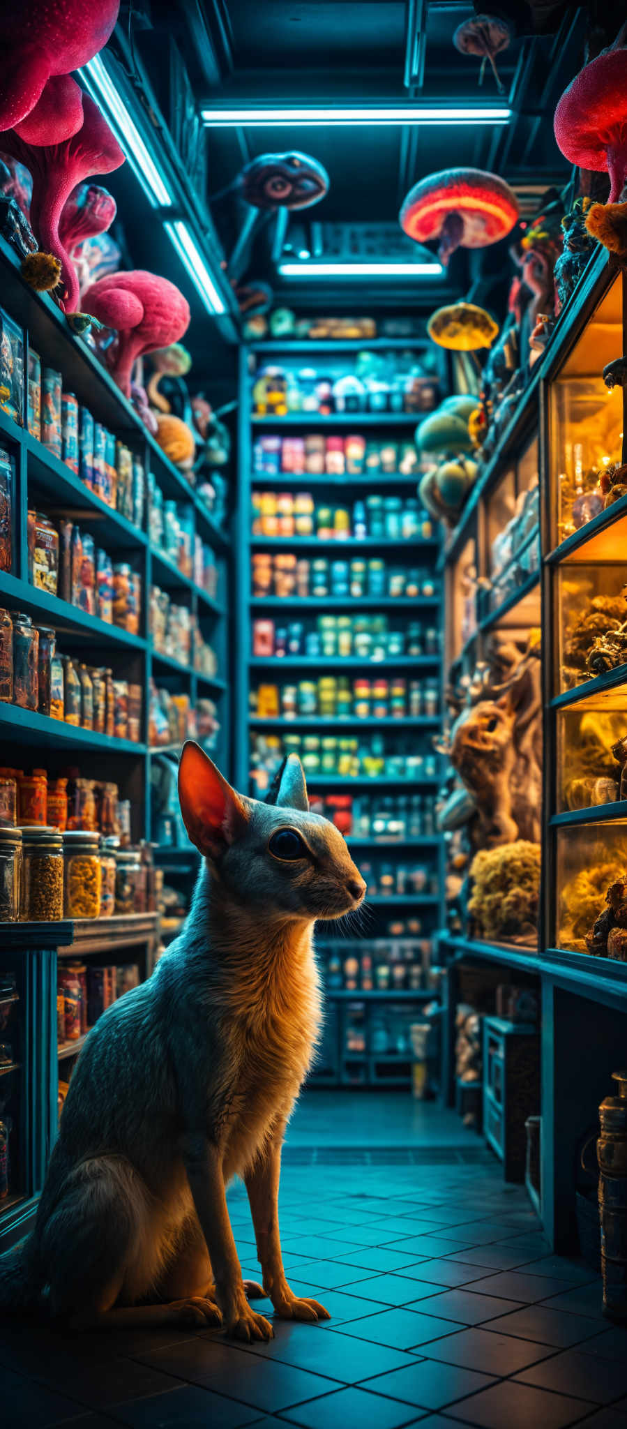 A blue cat is sitting in front of a shelf full of jars and containers.