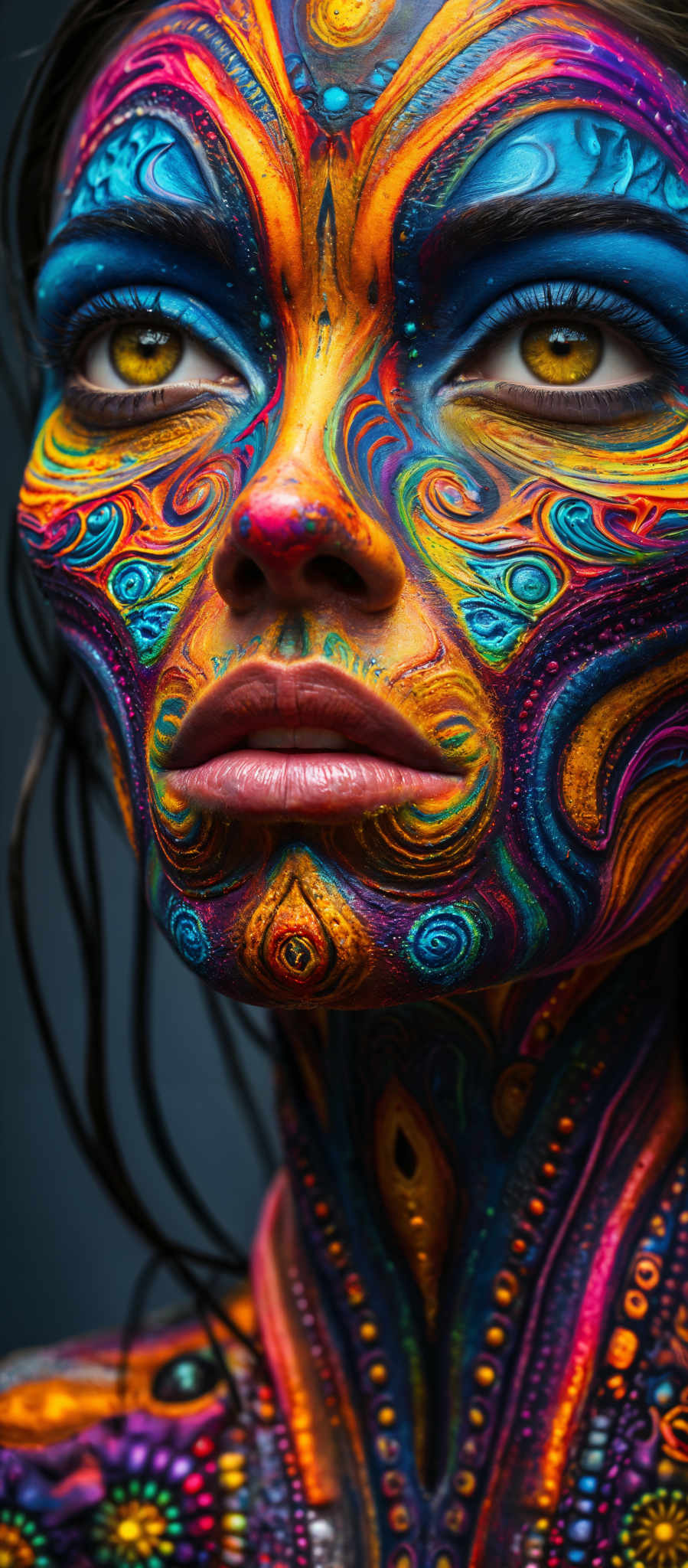 A colorful face with a mouth and nose painted on it.