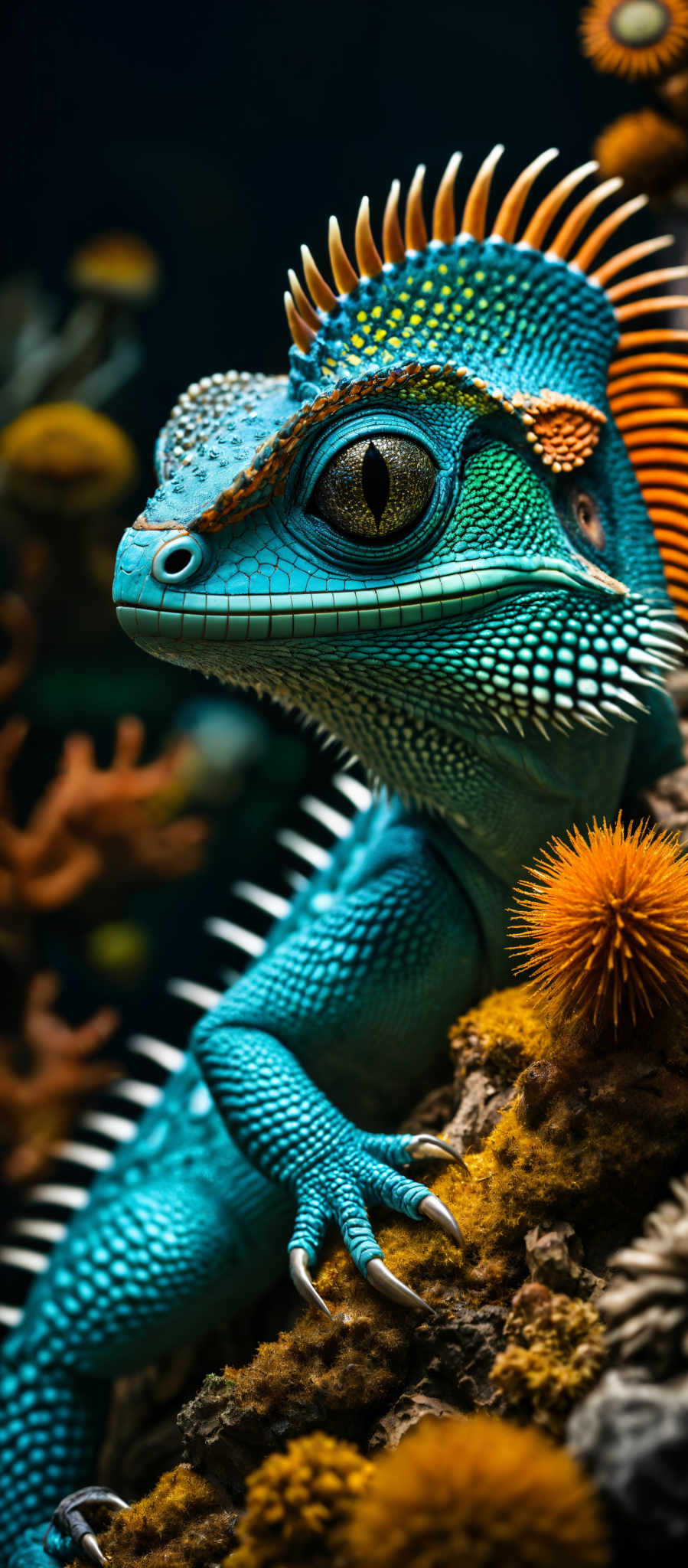 A blue lizard with a yellow ball on its head.