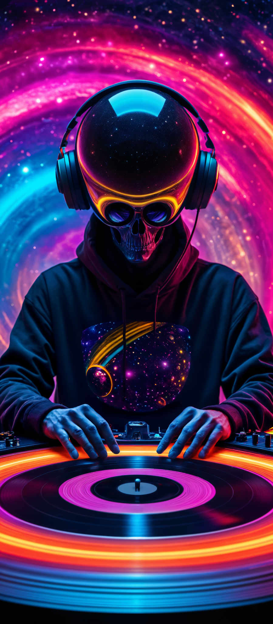 A DJ wearing a skull mask and headphones is spinning a turntable.