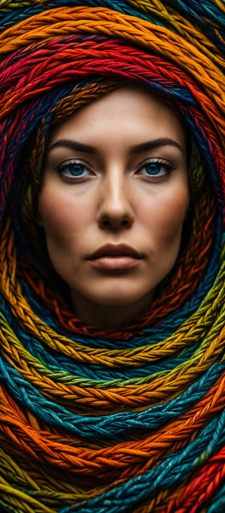 A woman with a colorful headscarf and blue eyes.