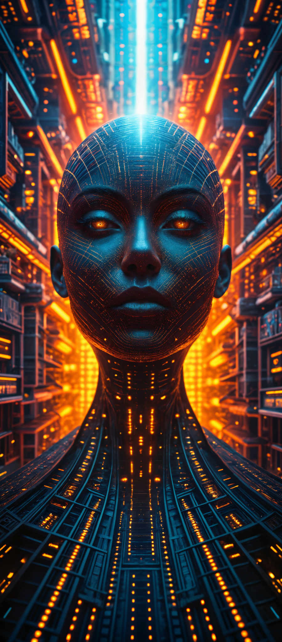 A digital image of a woman's face with a futuristic background.