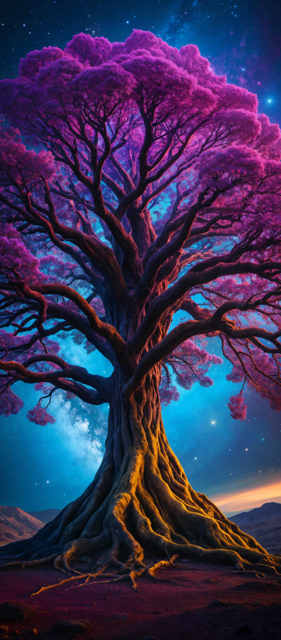 A purple tree with a blue sky in the background.