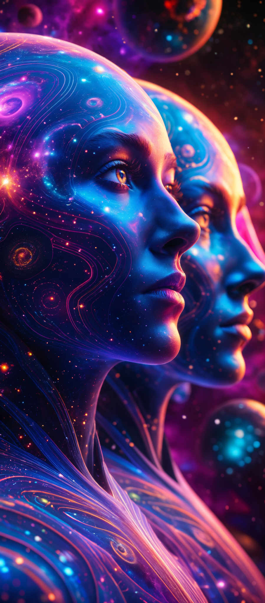 Two faces are shown in a digital art piece. The faces are blue and are surrounded by a galaxy of purple and orange stars. The background is a deep purple with a galaxy pattern. The image is a digital painting.