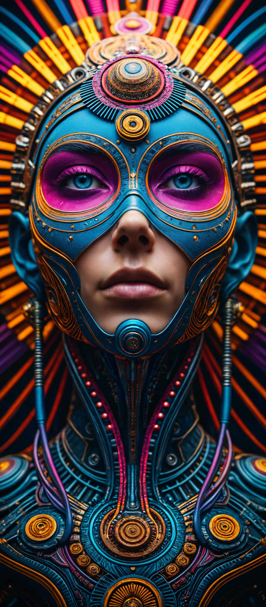 A close up of a person's face with a colorful mask. The mask is blue and gold with purple accents. The person's eyes are blue and their lips are red. The background is a gradient of orange and purple.