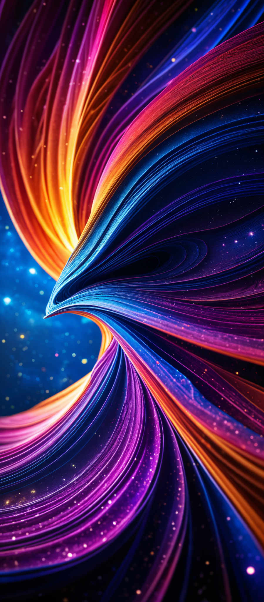 A vibrant abstract image of swirling lines in a multitude of colors including blue purple orange and yellow. The lines are curved and appear to be in motion creating a sense of dynamism and energy. The background is a deep blue dotted with small white stars adding to the cosmic feel of the piece. The image is a digital art piece showcasing the artist's skill in creating complex colorful patterns.