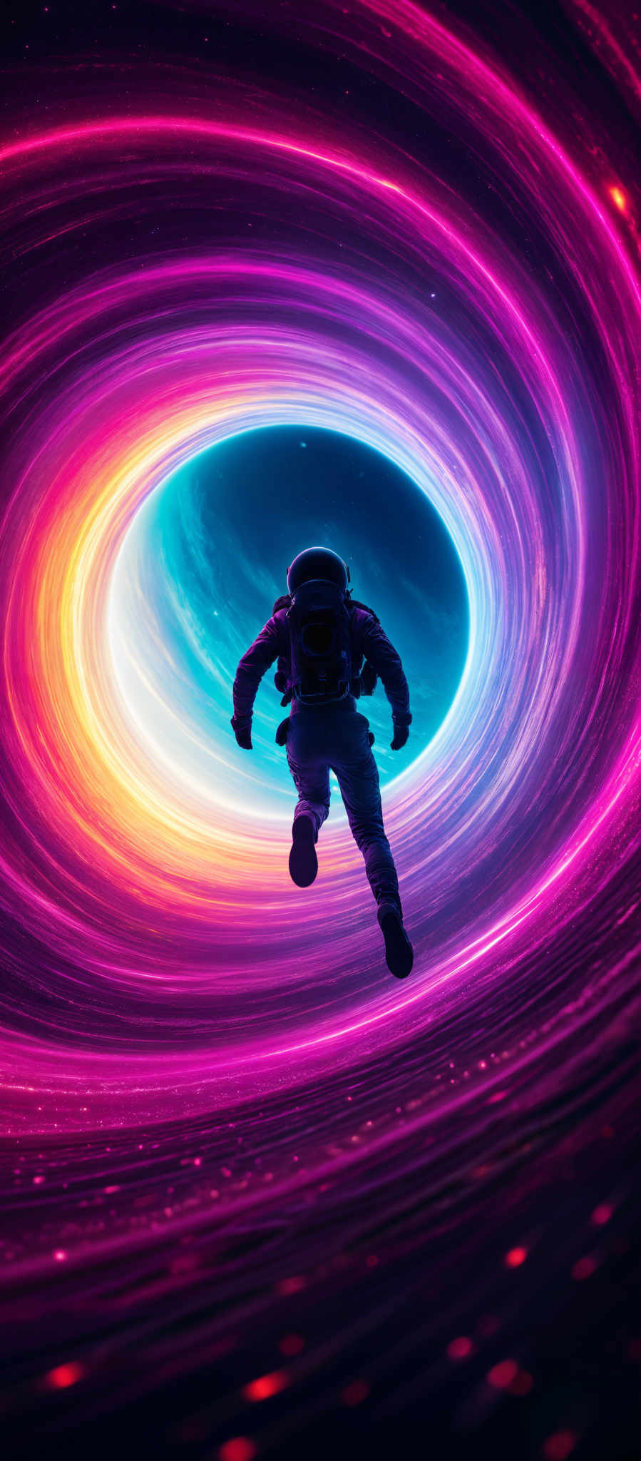 A space suit-clad astronaut is seen floating in a tunnel of swirling purple and blue lights. The astronaut is moving towards the camera creating a sense of motion and depth. The background is a deep black providing a stark contrast to the vibrant colors of the tunnel. The image is a digital rendering adding to its surreal and dreamlike quality. The overall composition of the scene suggests a journey through the cosmos with the astronaut as the central figure. The use of color and light creates a sense or mystery and wonder inviting the viewer to imagine what lies beyond the tunnel and in the vast expanse of space.