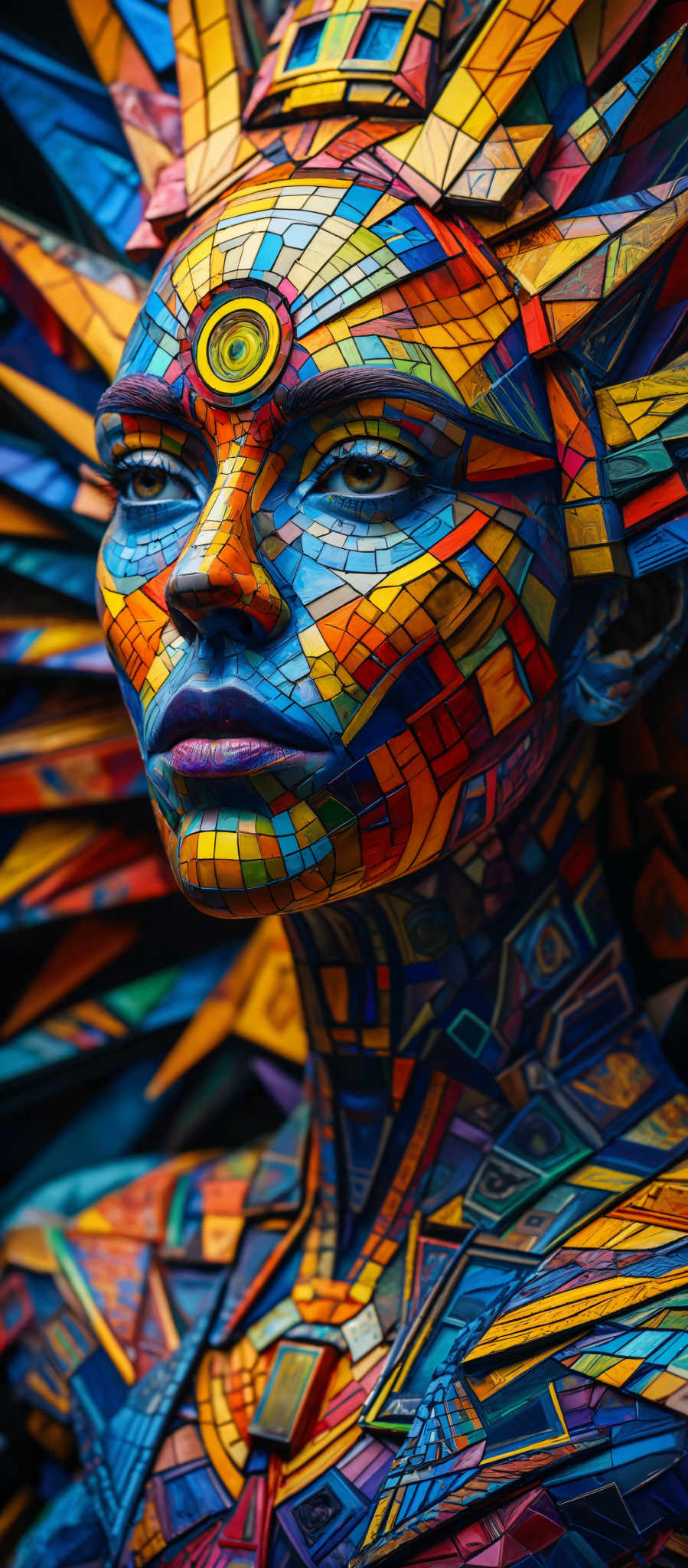 A close up of a woman's face painted with a mosaic of colorful tiles. The tiles are arranged in a geometric pattern creating a mosaic effect. The colors of the tiles are vibrant and varied including shades of blue orange yellow and green. The woman's eyes are visible but her face is not clearly defined due to the abstract nature of the mosaic. The image is a striking representation of the power of art and creativity.