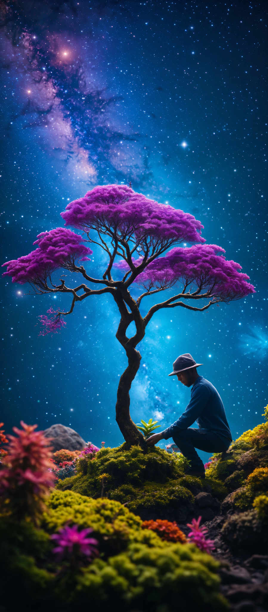 A man in a blue shirt and hat sits under a purple tree.