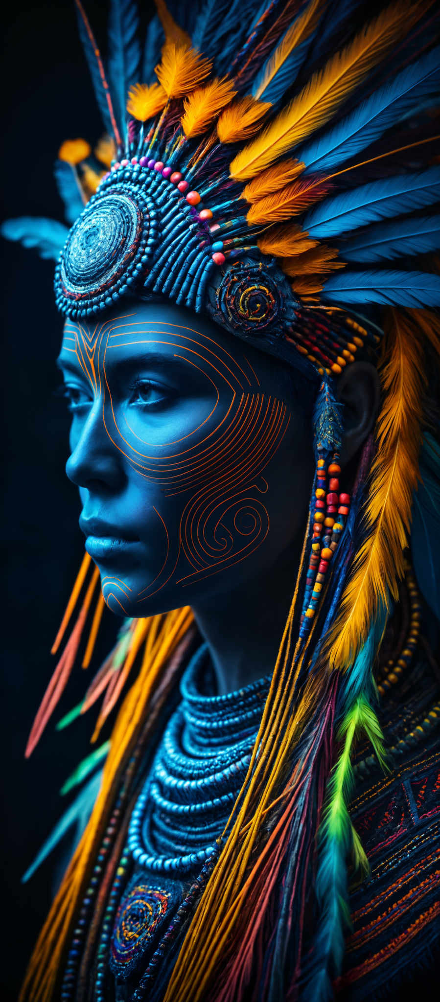 A woman with blue face paint and a colorful headdress.