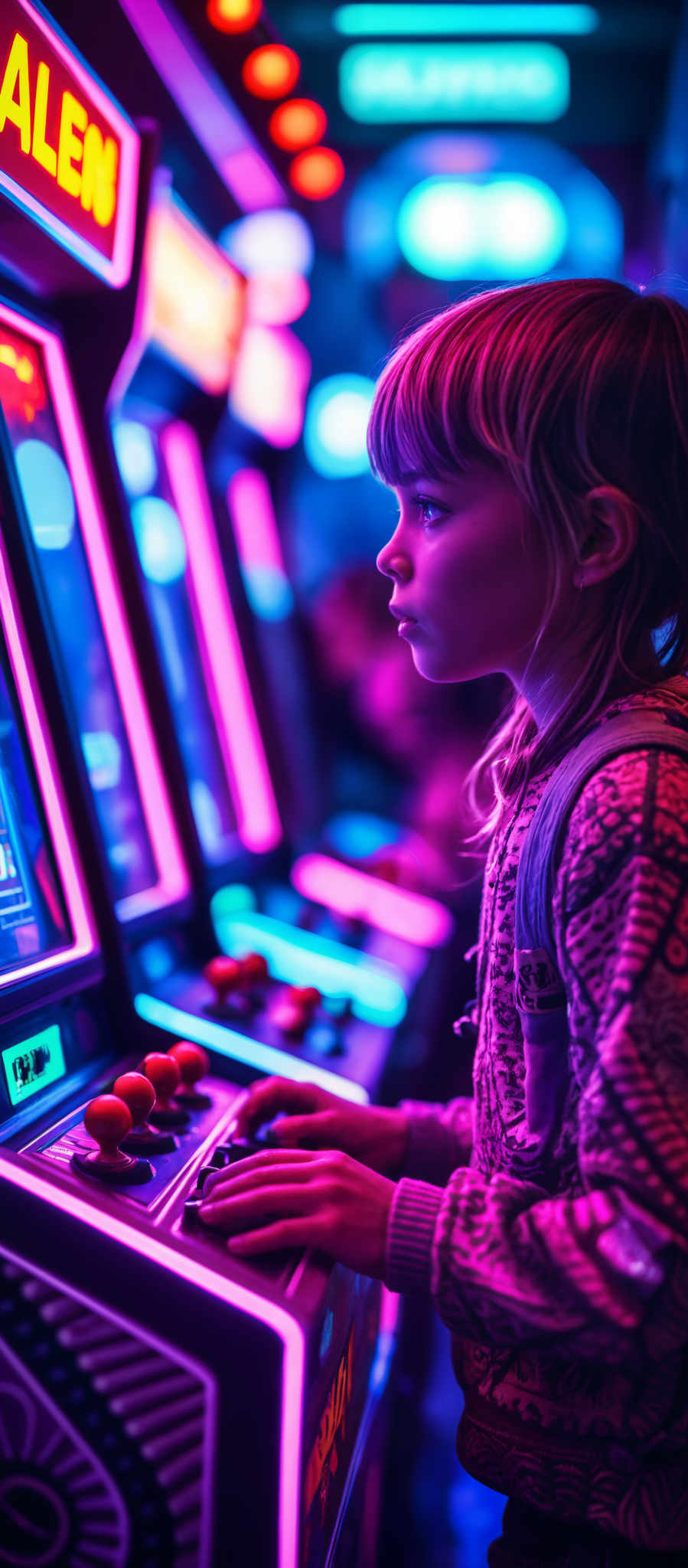 A young girl is playing a video game her fingers deftly maneuvering the buttons on the game controller. The game is set in a vibrant arcade the room bathed in a kaleidoscope of pink and purple lights that cast an ethereal glow on the scene. The girl dressed in a patterned shirt is engrossed in the game a picture of concentration and enjoyment. The arcade is filled with other games their screens glowing with enticing graphics. The atmosphere is one of fun and excitement a snapshot of a moment of joy and relaxation.