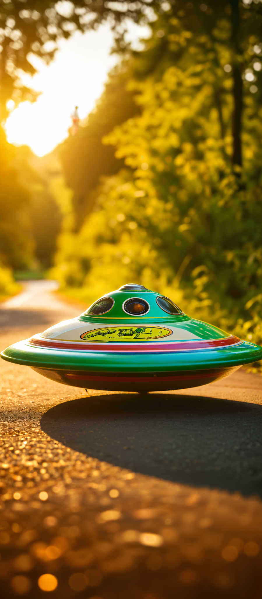 A colorful flying saucer with a green top and a yellow bottom. The flying saucers has a red stripe around the middle. The words "Flying Saucer" are written on the bottom of the flying sauer. The background is a forest with a path. The sun is shining through the trees. The colors of the saucer are green yellow and red. The saucer is on the ground. The path is in the background. The trees are green. The sky is clear. The photo was taken during the day. The image is a photo of a flying sauser. The description is 320 character long.