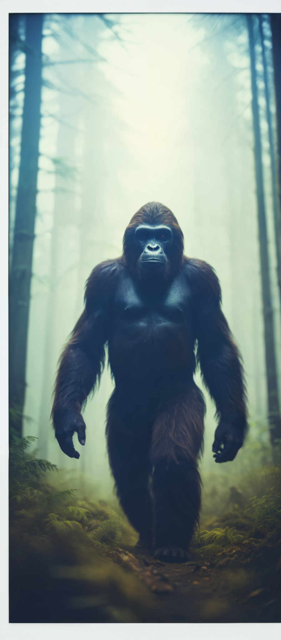 A gorilla is standing in a forest.