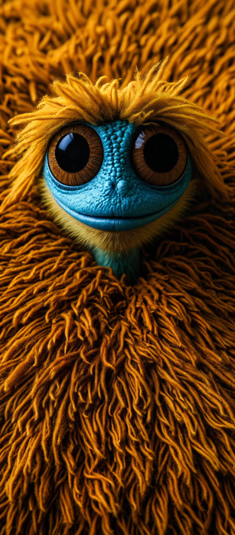 A blue and yellow creature with a fuzzy mane and large eyes.