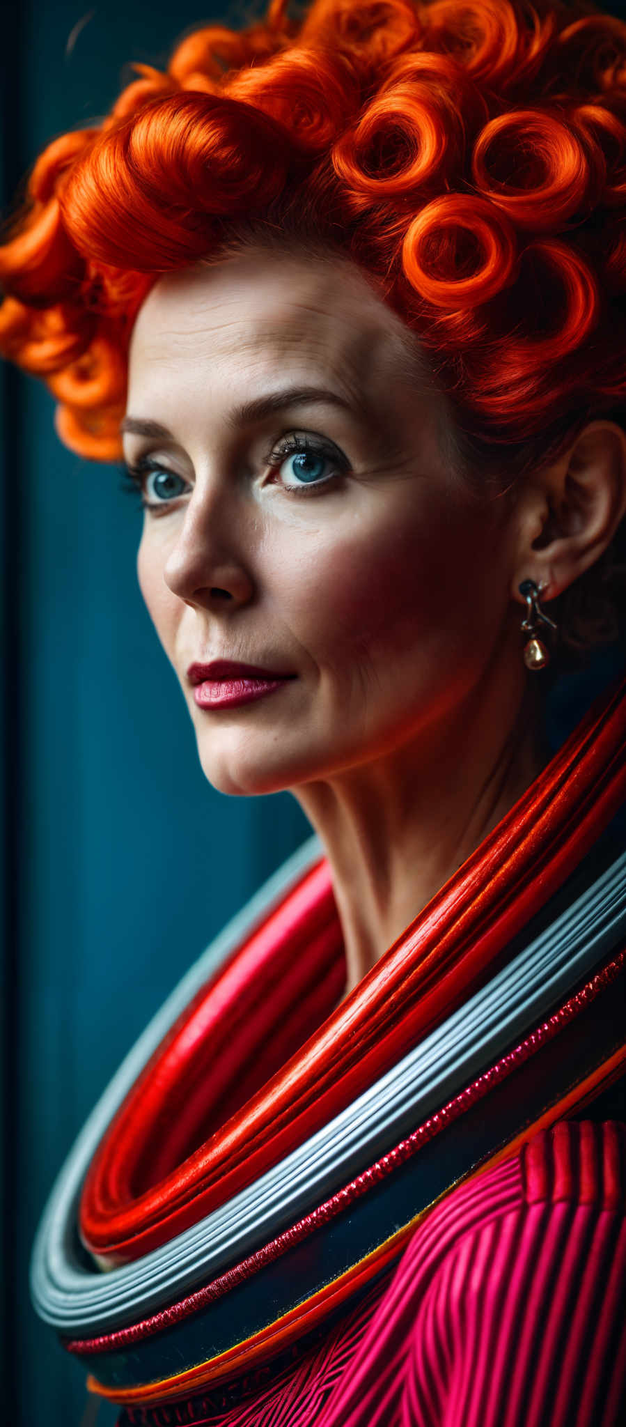 A woman with red hair and blue eyes is wearing a red and black striped scarf.