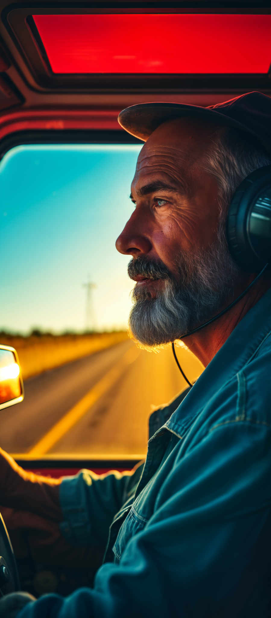 A man with a beard is wearing headphones and looking out the window of a car.