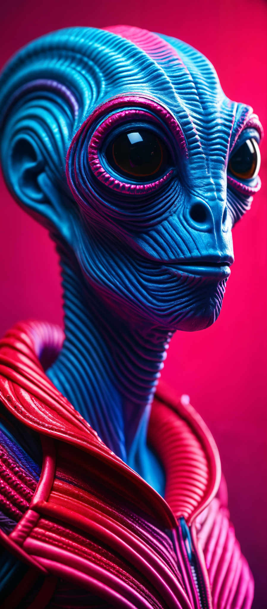 A blue alien with red hair and a red scarf.