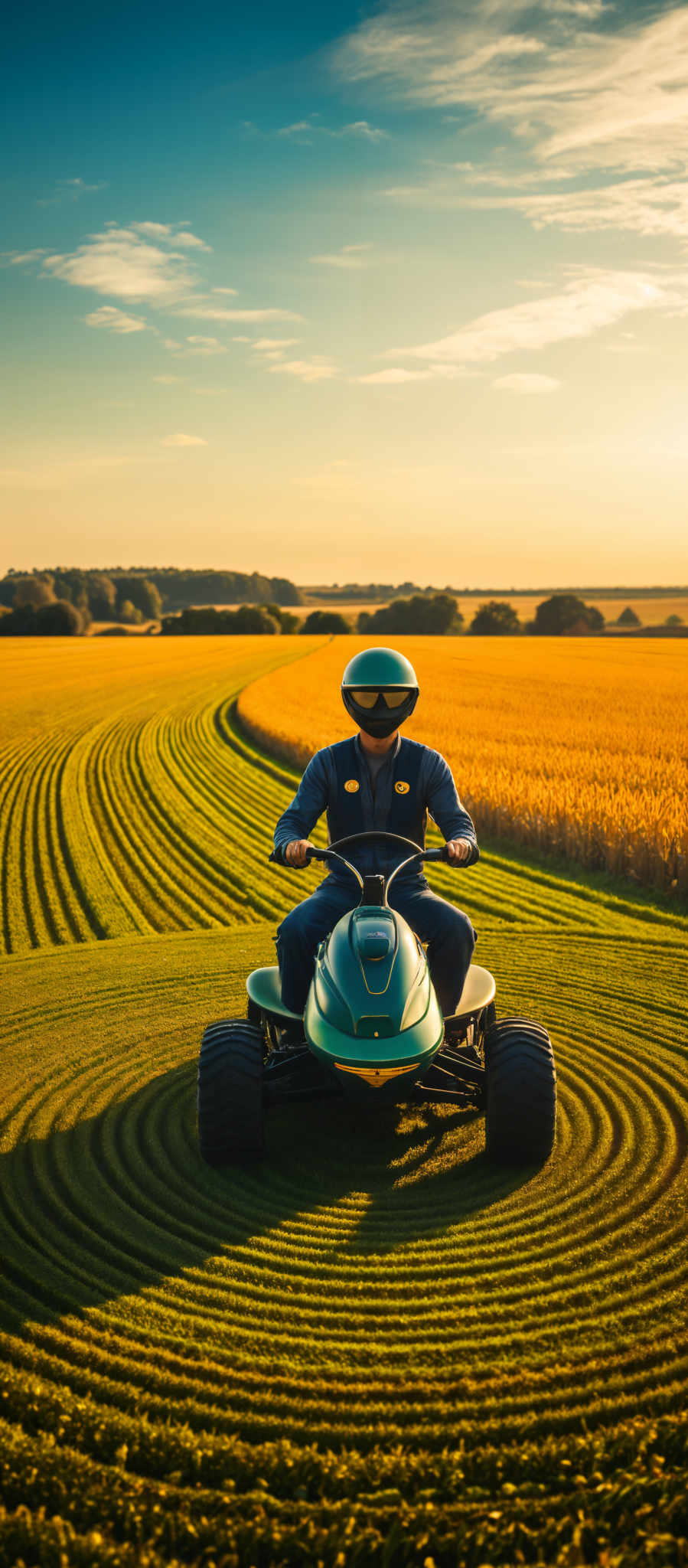 A person in a blue jumpsuit is riding a green four wheeler.