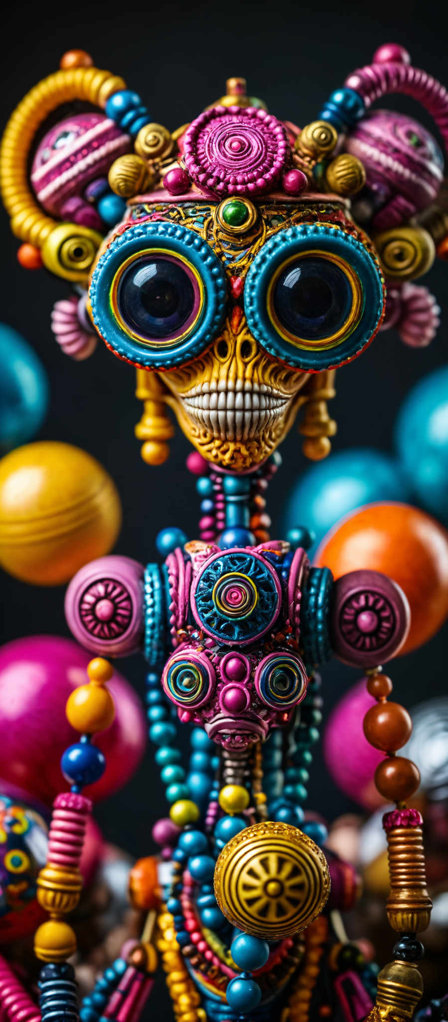 A colorful AI-generated skeleton with a face and arms. The skeleton is adorned with a variety of colorful beads and balls. The face of the skeleton is quite unique featuring a large nose and a mouth filled with teeth. The arms of the skull are also decorated with beads and small balls. This image is a vibrant display of color and creativity.