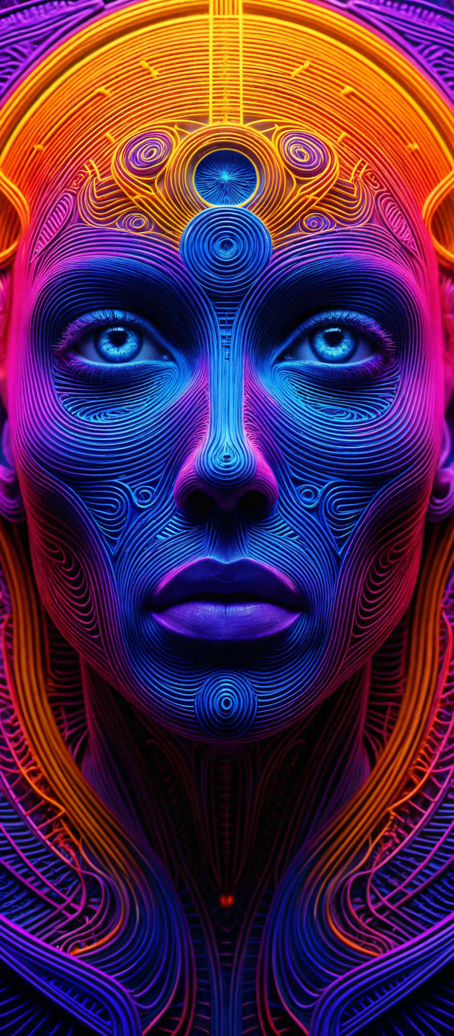 A close up of a face with blue and purple swirls and lines.