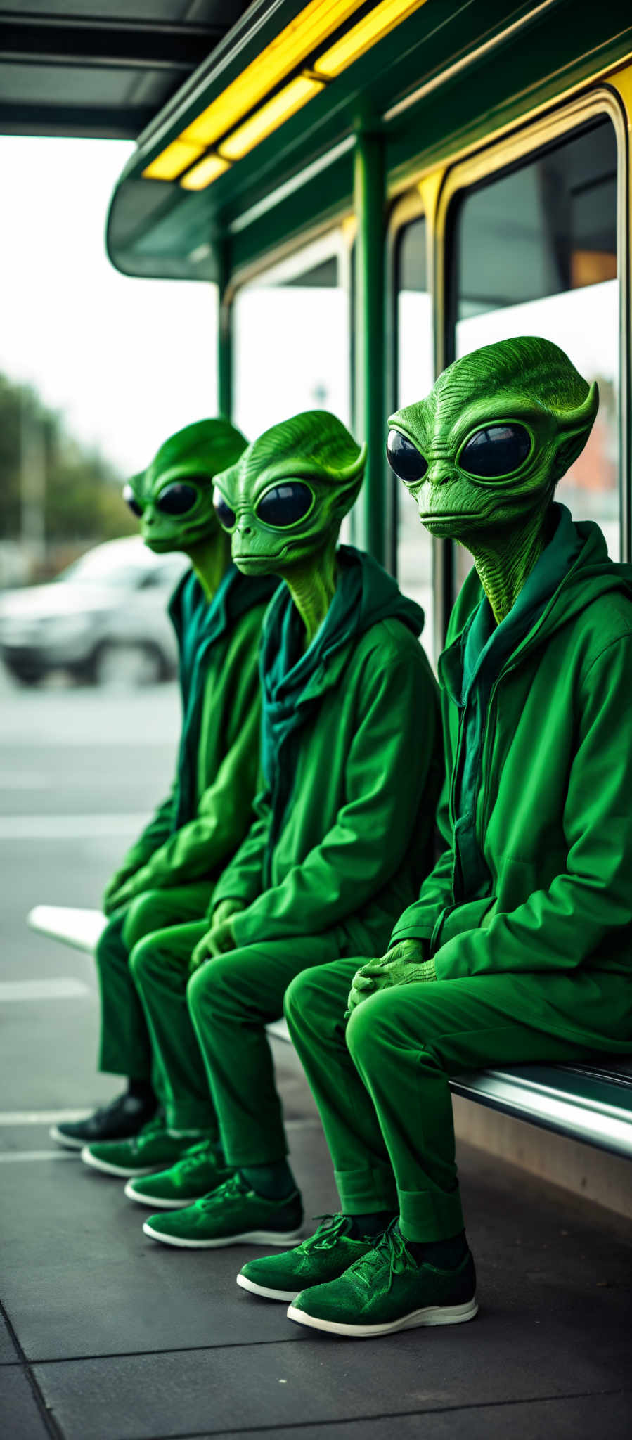 Three alien-like creatures in green jumpsuits sit on a bench.