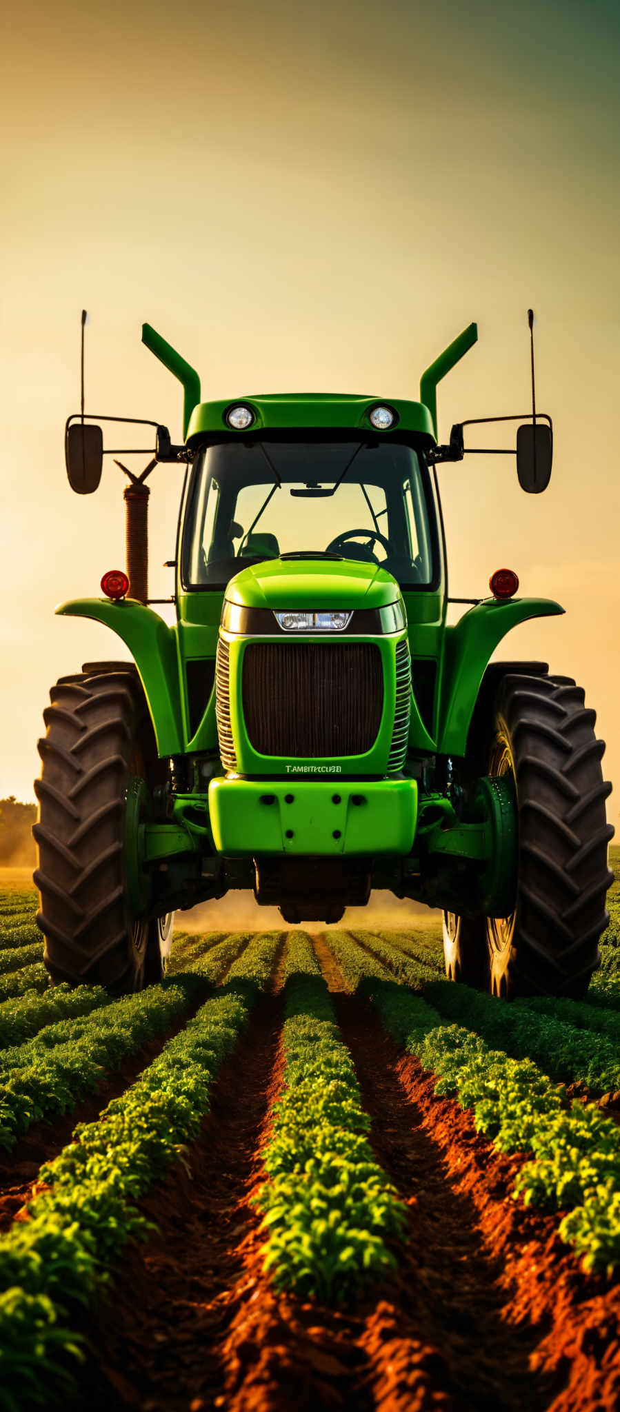 A large green tractor with a red light on the front.