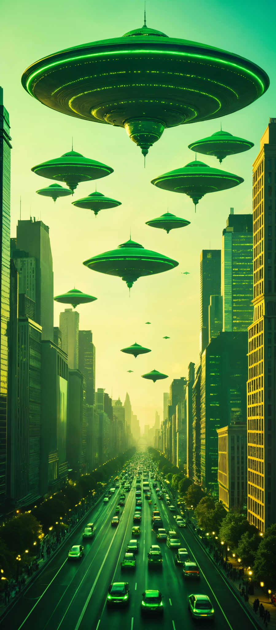 The image shows a futuristic cityscape with flying saucers. The city is filled with tall buildings and skyscrapers all made of glass and steel. The buildings are predominantly green and blue with some yellow and orange accents. The sky is a hazy yellow color giving the impression of a sunset or sunrise.

In the sky there are 12 flying saucer-like objects. These objects are green and black and they are flying in a straight line. They are evenly spaced apart creating a sense of order and symmetry in the image.

The flying sausers are flying over the city creating an interesting contrast between the natural and man-made elements in the scene. The image does not contain any text or other discernible details. The relative positions of the objects suggest that the flying sauers are moving away from the viewer further into the city. The overall composition of the scene suggests a peaceful and serene atmosphere.