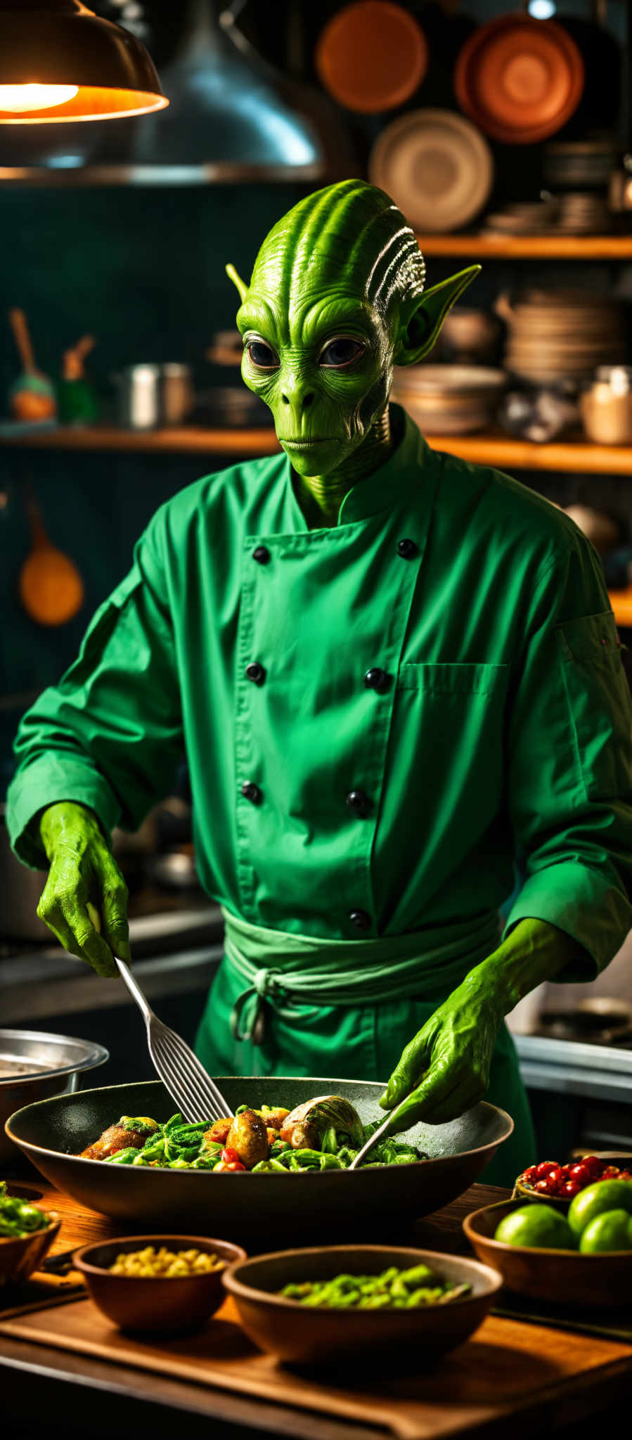 A chef in a green suit is preparing food.