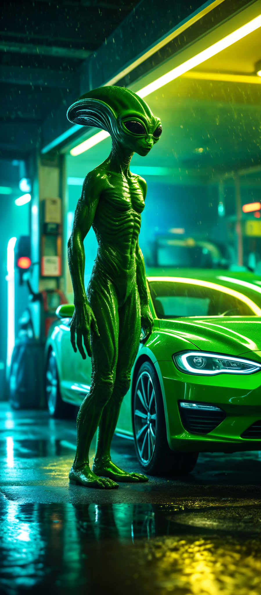 A green alien stands in front of a green car.