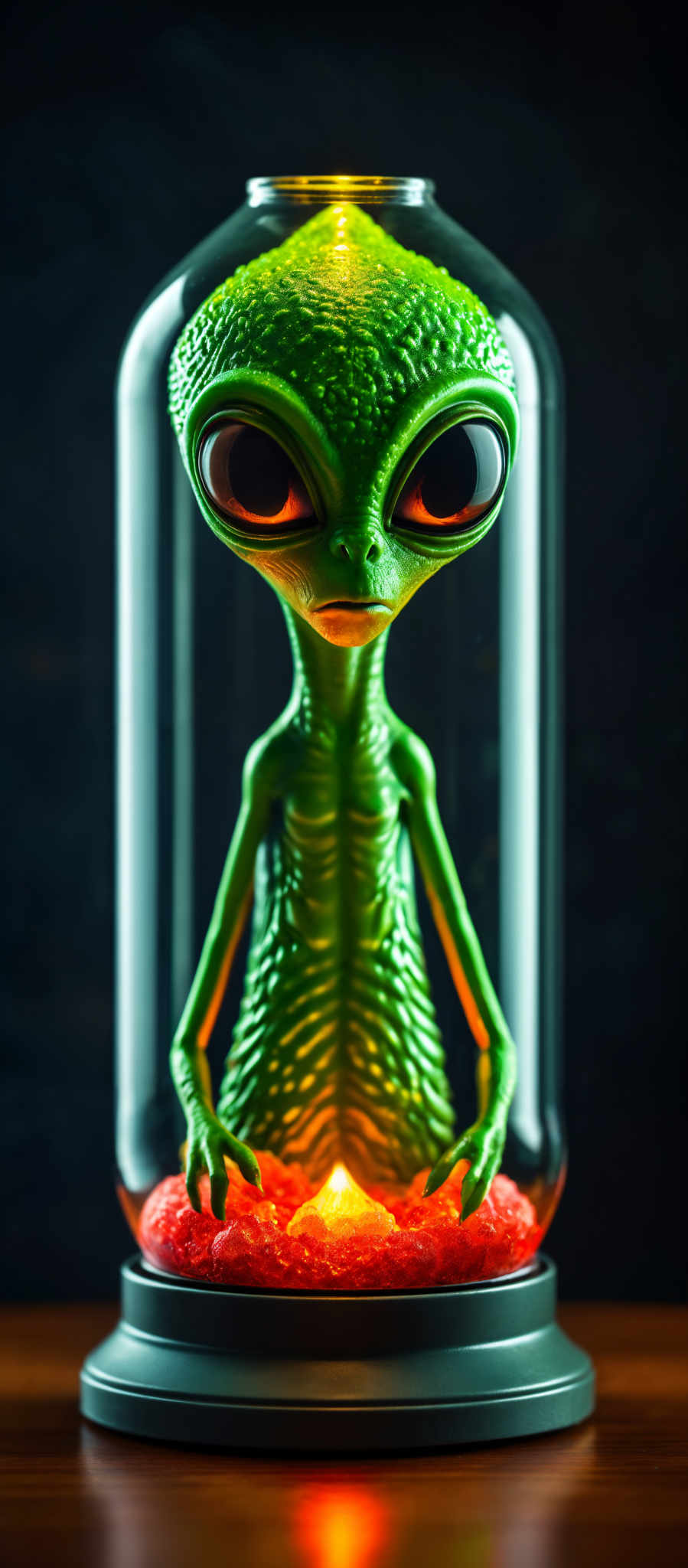 A green alien with large eyes and a long neck.