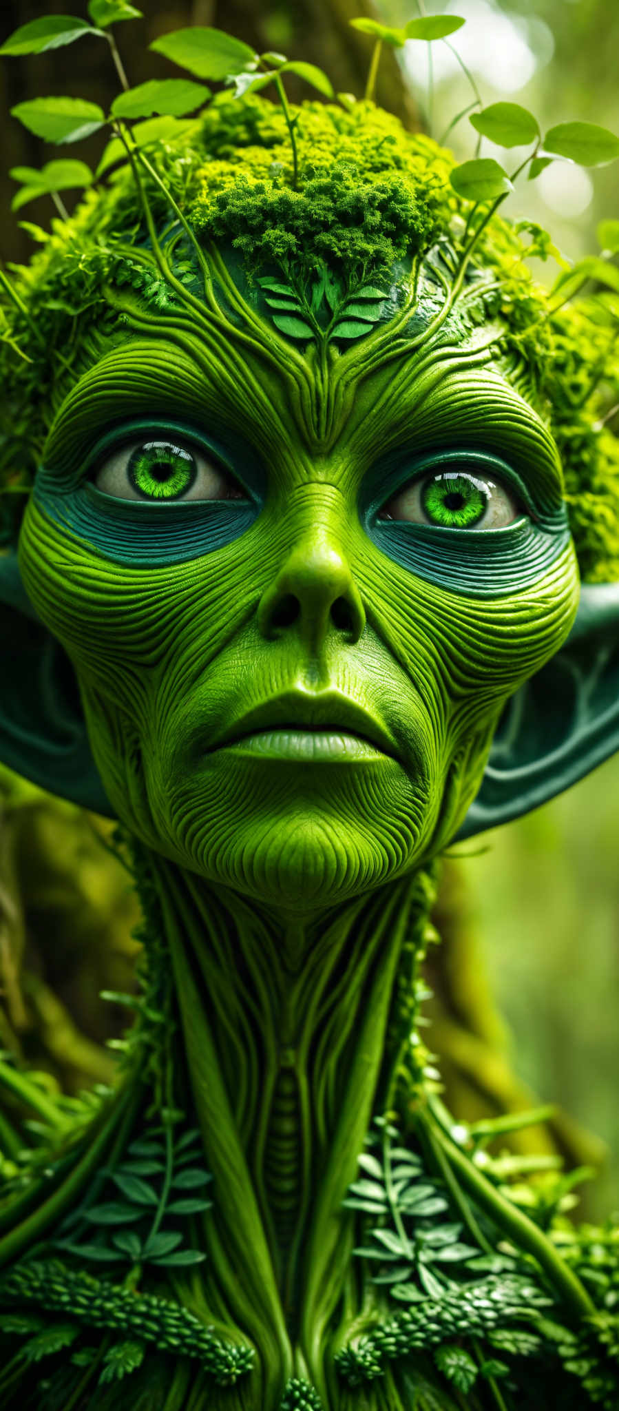 A close up of an alien face with green skin and eyes.