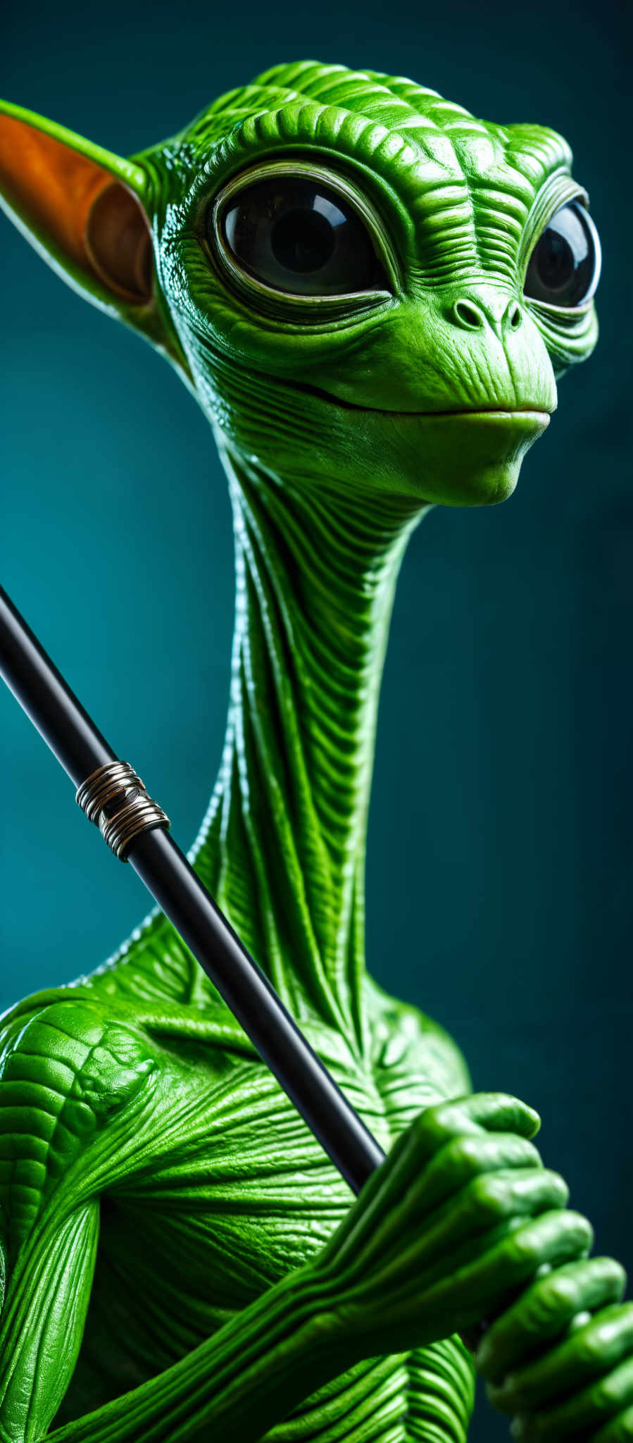 A green alien with a long neck is holding a black stick.