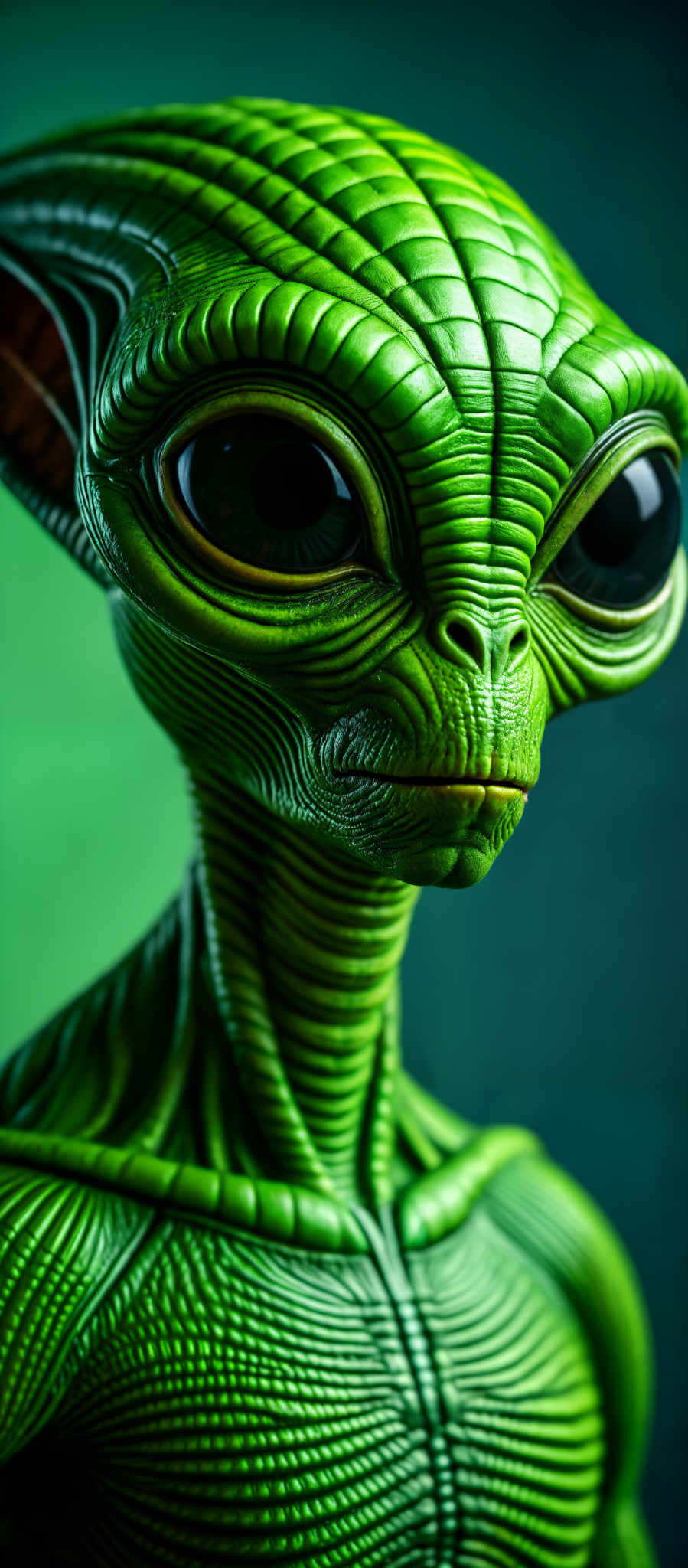 A green alien with large eyes and a long neck.