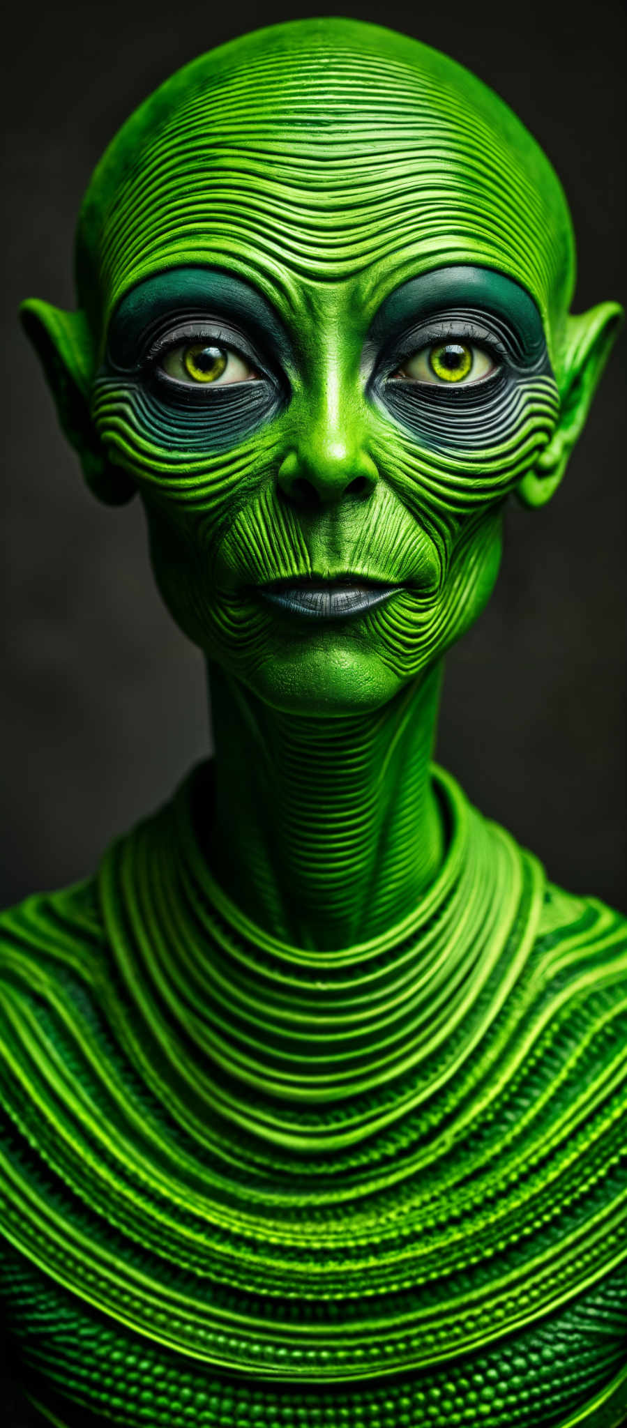 A close up of a green alien face with a long neck and a striped pattern. The alien's eyes are large and its mouth is open. The background is black.