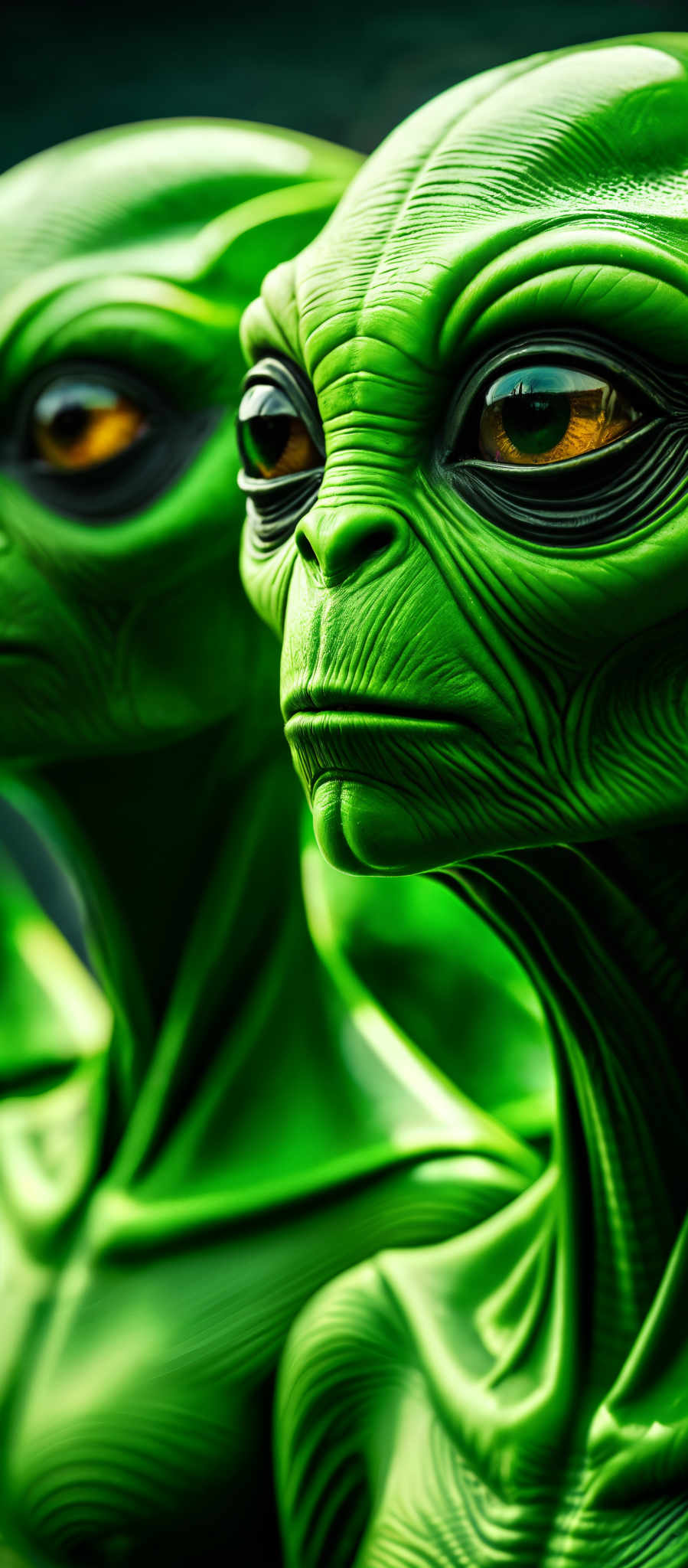 The image shows two alien heads both of which are green in color. The alien on the left has a large round head with a small mouth while the alien on right has a smaller oval head with larger eyes. Both aliens have a small nose and mouth. The background of the photo is a blurred green color which makes the aliens stand out. The photo appears to be taken from a low angle giving the impression that the aliens are looking down at the viewer. The image does not contain any text or other objects. The relative position of the aliens is such that they are side by side with the larger alien on left and the smaller one on right. The aliens are the main focus of the photograph and their green color and unique shapes make them easily recognizable. The blurred background helps to draw attention to the aliens making them the center of the viewer's attention. The low angle of the shot adds a sense of depth and perspective to the image making the aliens appear larger and more imposing. The absence of other objects or text in the image allows the viewer to focus solely on the aliens and their unique features. The overall composition of the images is balanced and well-organized with each alien occupying its own space in