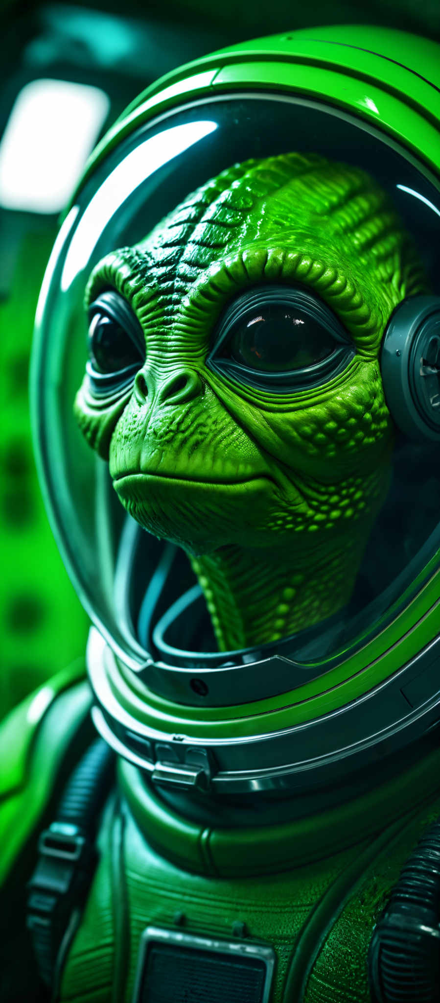 A green alien with large eyes and a long neck is wearing a green helmet.