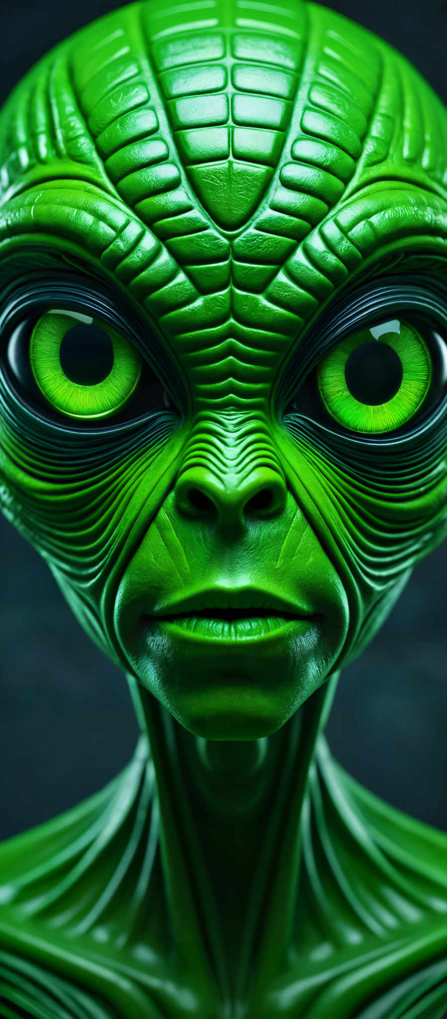 A close up of an alien face with green skin and large eyes.