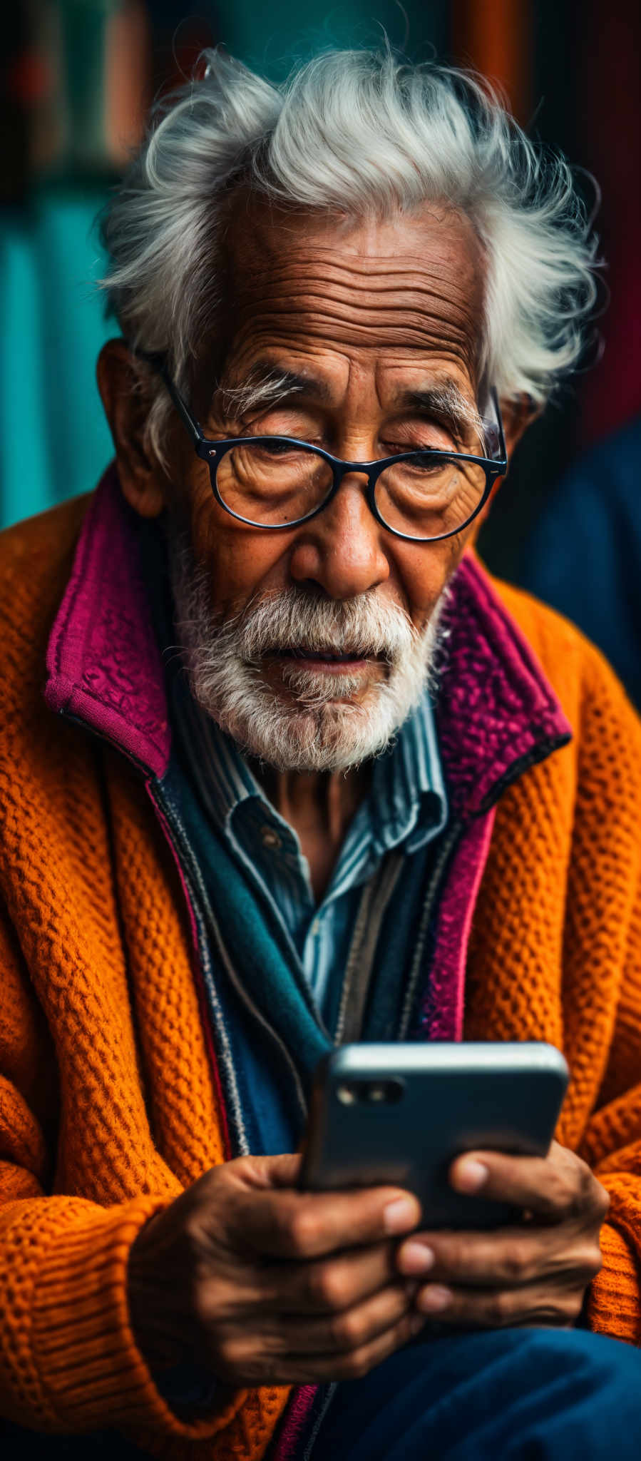 An elderly man with a white beard and glasses is wearing a colorful sweater.