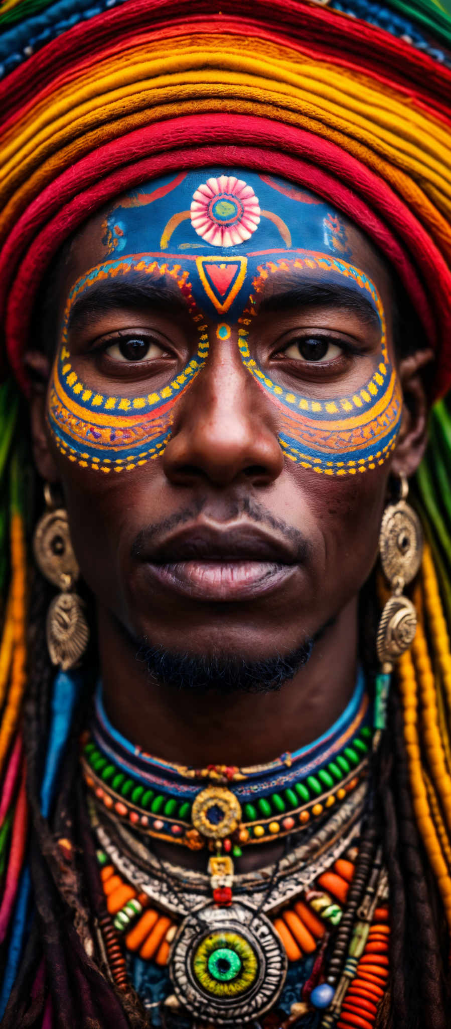 A man with a colorful face paint and a red headband.