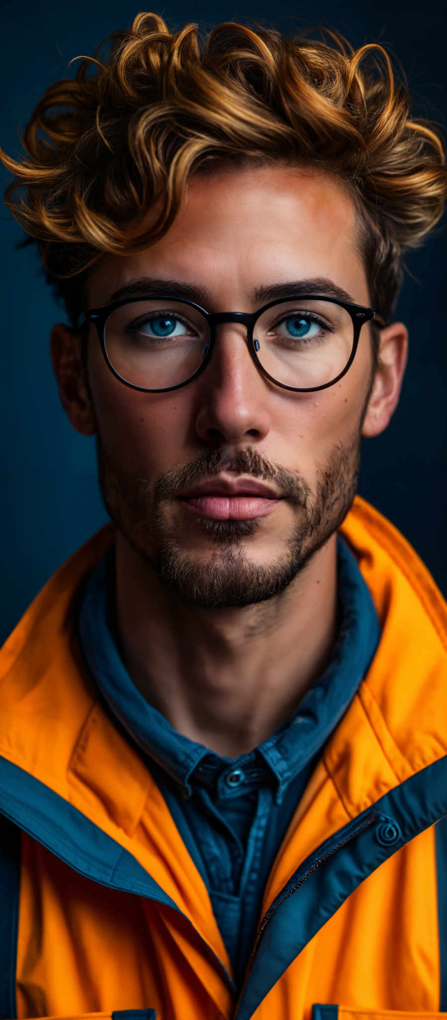 A man wearing glasses and an orange jacket.