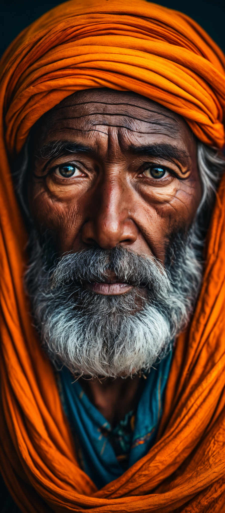 A close up of an older man's face with a long white beard and a red headscarf. His eyes are looking directly at the camera.