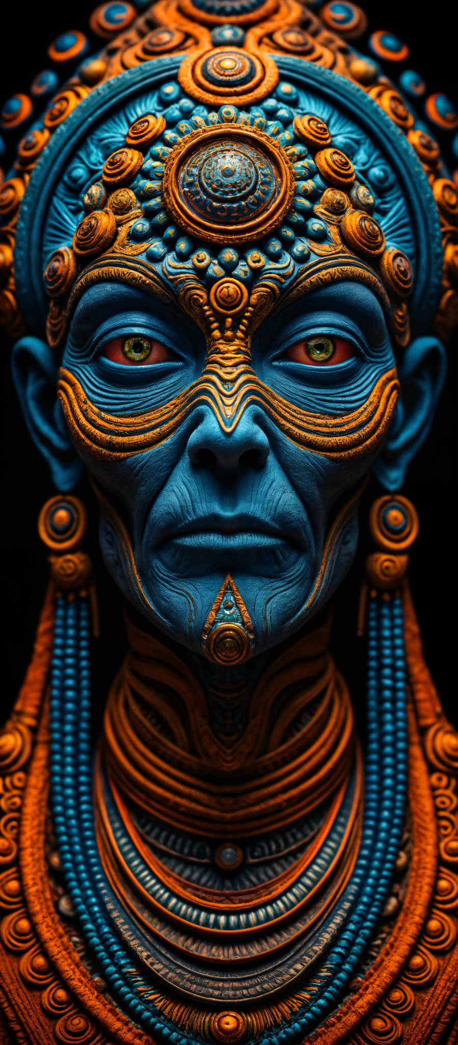 A blue and orange face with a gold necklace and earrings.