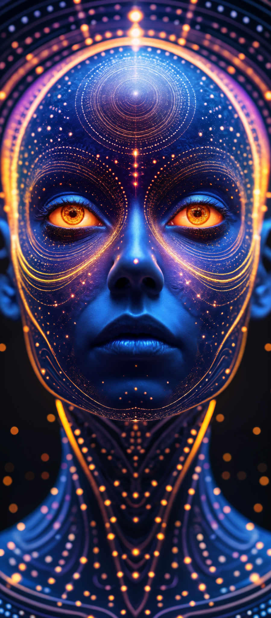 A close up of a face with blue and yellow lights.