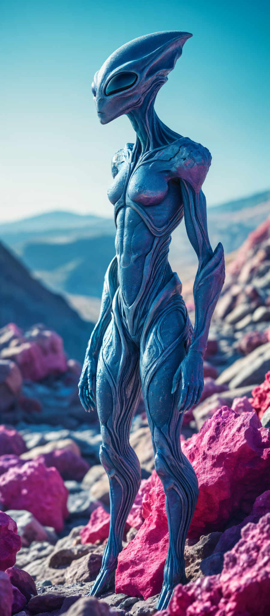 A blue alien figure stands on a rocky surface. The figure is humanoid with a large head and a small body. It has two arms and two legs. The body of the figure is covered in blue scales. The head of the alien is large and has a small mouth. The alien is standing on a surface that is covered with rocks and boulders. The background of the scene is a clear blue sky.