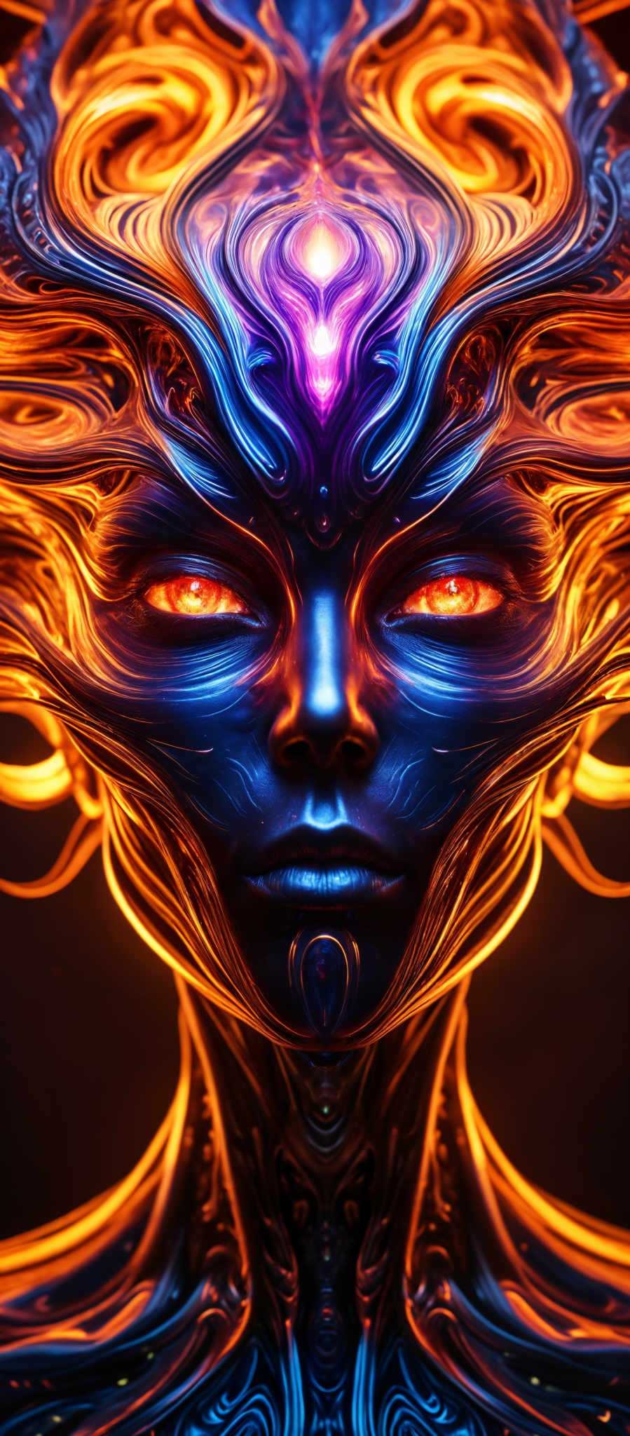 A close up of a blue alien face with glowing orange eyes.