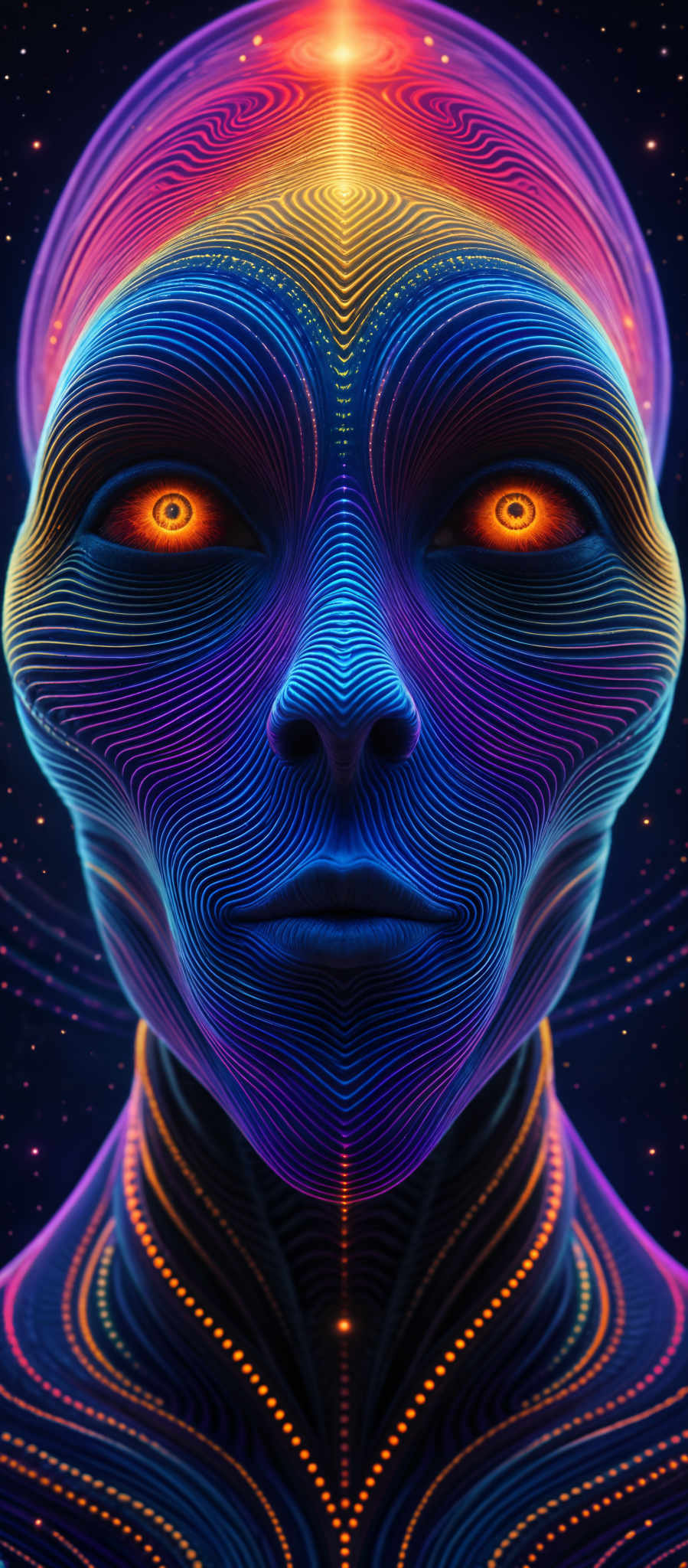 A digital image of a face with blue and purple lines and orange eyes.