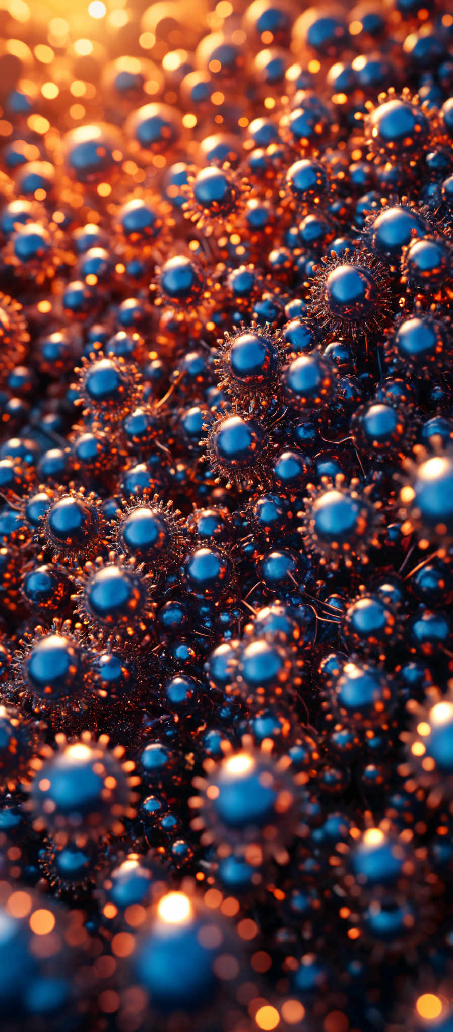 A close up of a cluster of blue and orange spheres.